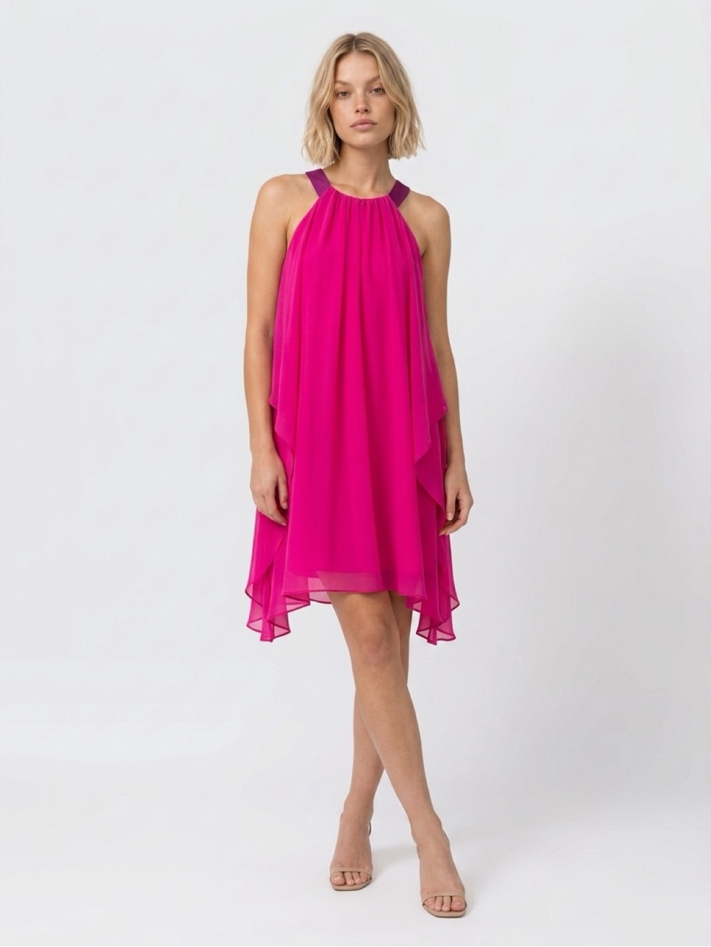 Badgley Mischka Fuchsia Halter Chiffon Cocktail Dress Size 6
